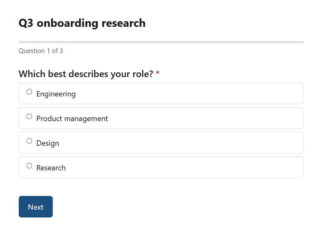 A survey question shown to a respondent, with four choices and a Next button