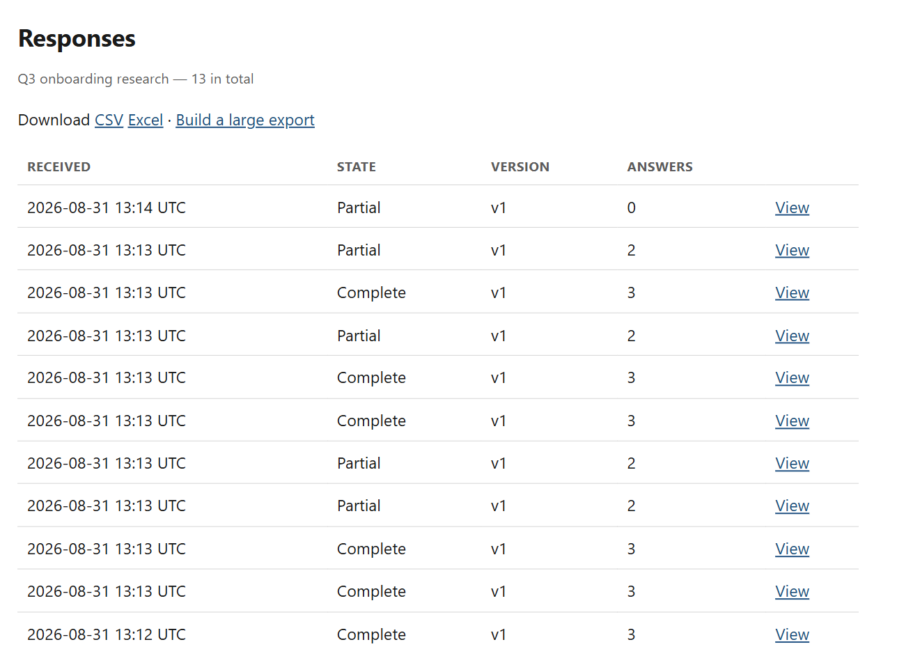 The results view, listing collected responses with the survey version each was collected under